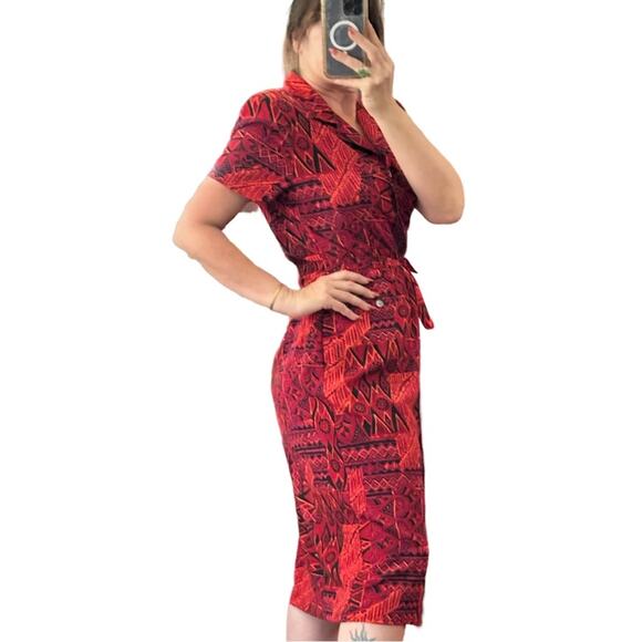 Vintage 90’s Red Abstract Lined Button Up Midi Dress - Picture 2 of 7
